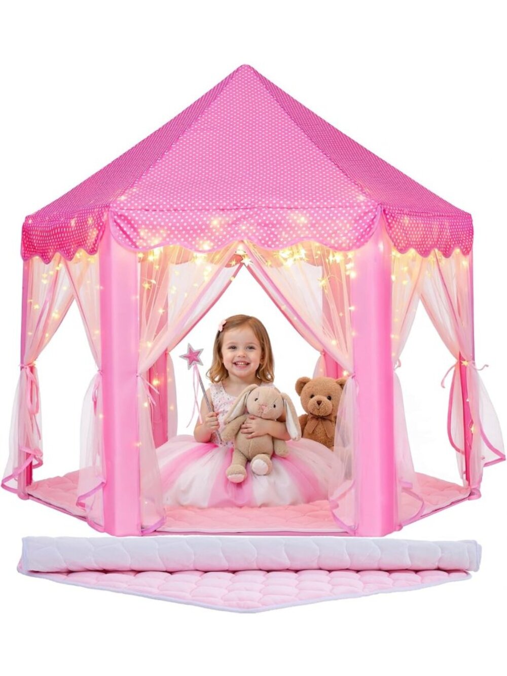 Girls Playhouse Tent with Flannel Mat & Star Lights - Indoor/Outdoor Castle Toy